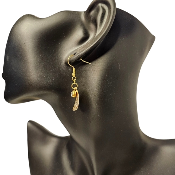 Brushed Brass Teardrop Dangle Earrings with Rhinestone Hypoallergenic Hook - Picture 6 of 7